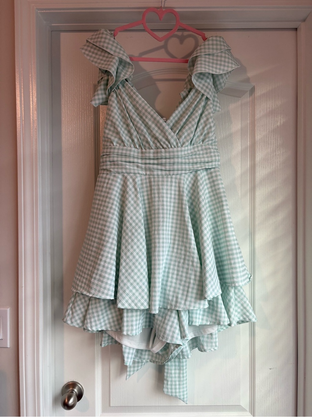 Altar'd State Mint Gingham Ruffle Romper